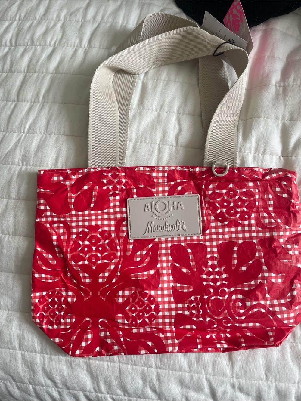 Manuhealii Red Patterned Tote with Cream Straps